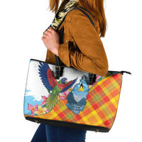 Saint Lucia Independence Day Leather Tote Bag Saint Lucian Map Pitons Madras Pattern