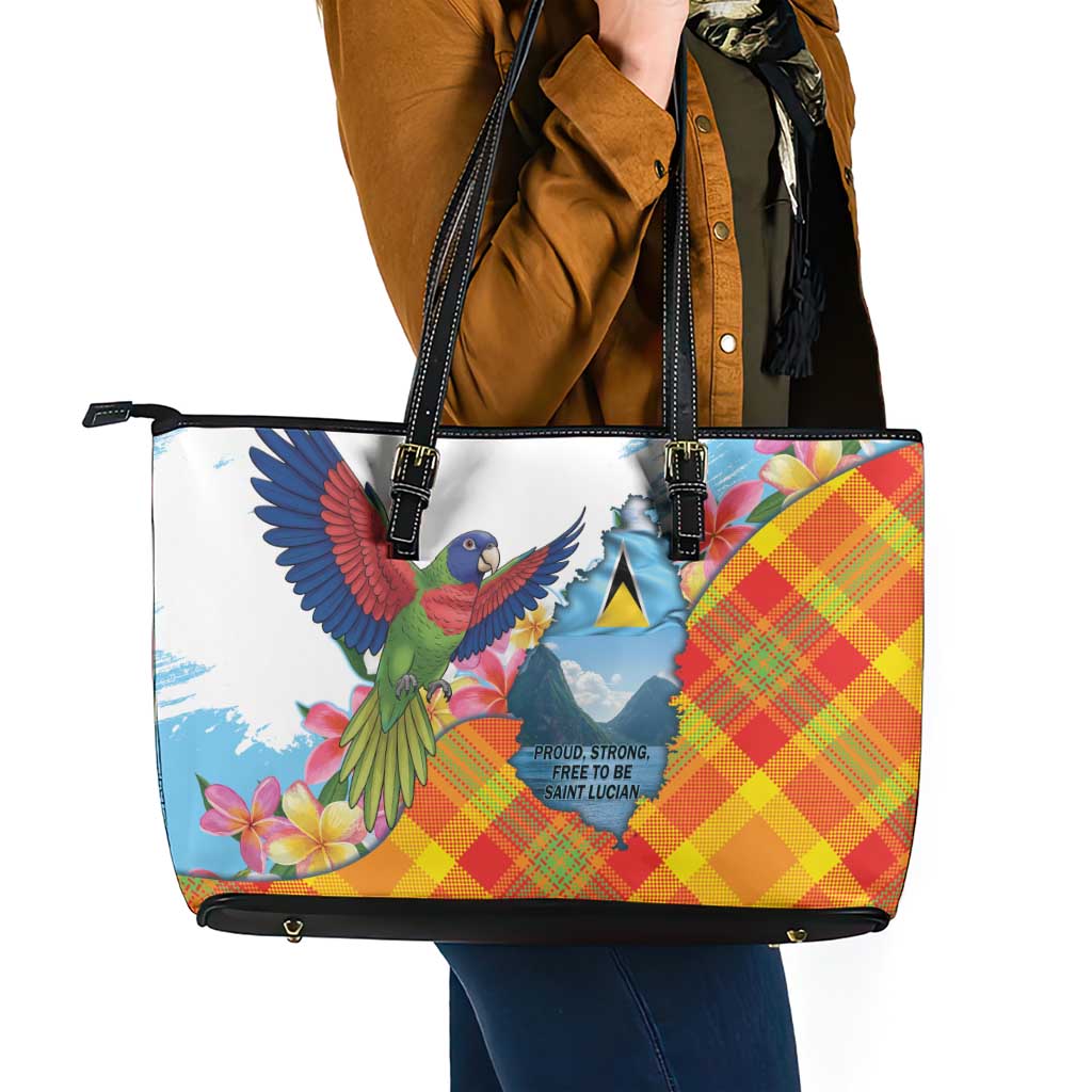 Saint Lucia Independence Day Leather Tote Bag Saint Lucian Map Pitons Madras Pattern