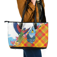 Saint Lucia Independence Day Leather Tote Bag Saint Lucian Map Pitons Madras Pattern