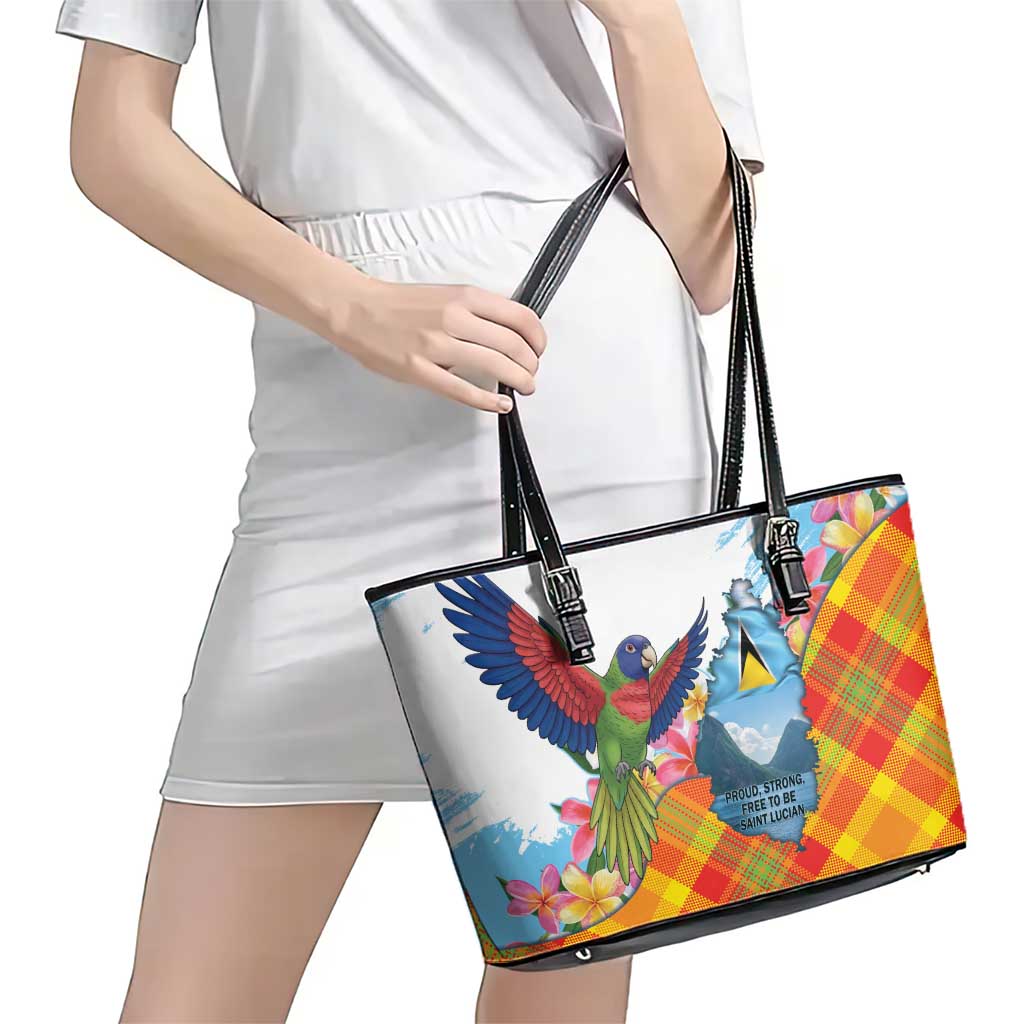 Saint Lucia Independence Day Leather Tote Bag Saint Lucian Map Pitons Madras Pattern