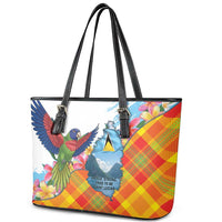 Saint Lucia Independence Day Leather Tote Bag Saint Lucian Map Pitons Madras Pattern