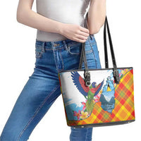 Saint Lucia Independence Day Leather Tote Bag Saint Lucian Map Pitons Madras Pattern
