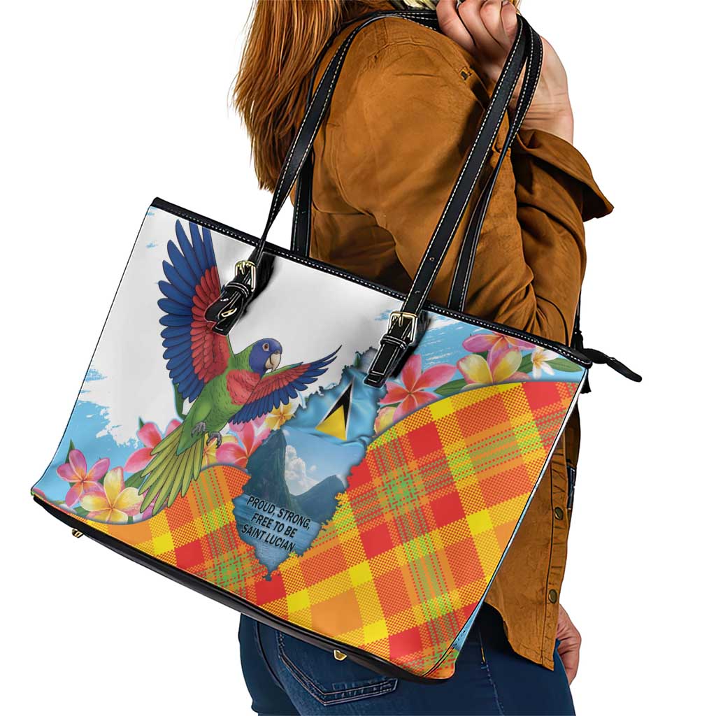 Saint Lucia Independence Day Leather Tote Bag Saint Lucian Map Pitons Madras Pattern