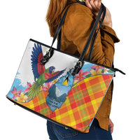 Saint Lucia Independence Day Leather Tote Bag Saint Lucian Map Pitons Madras Pattern
