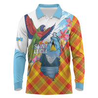 Saint Lucia Independence Day Long Sleeve Polo Shirt Saint Lucian Map Pitons Madras Pattern