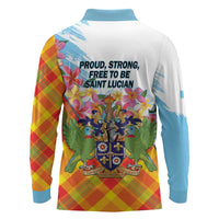 Saint Lucia Independence Day Long Sleeve Polo Shirt Saint Lucian Map Pitons Madras Pattern