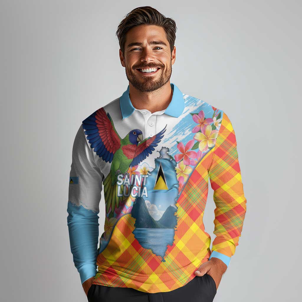 Saint Lucia Independence Day Long Sleeve Polo Shirt Saint Lucian Map Pitons Madras Pattern