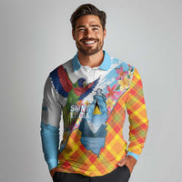 Saint Lucia Independence Day Long Sleeve Polo Shirt Saint Lucian Map Pitons Madras Pattern