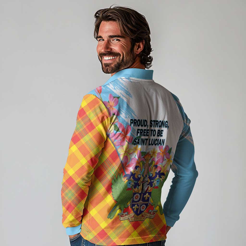 Saint Lucia Independence Day Long Sleeve Polo Shirt Saint Lucian Map Pitons Madras Pattern