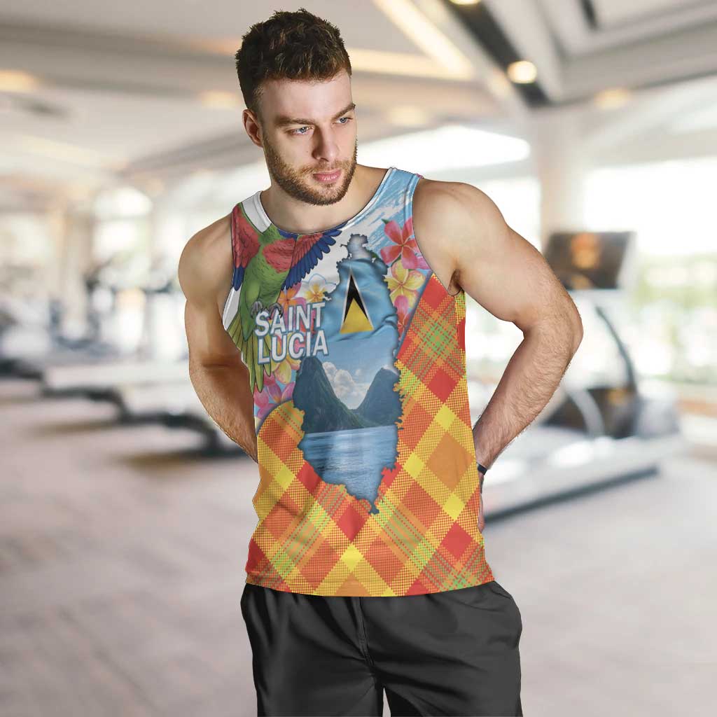 Saint Lucia Independence Day Men Tank Top Saint Lucian Map Pitons Madras Pattern