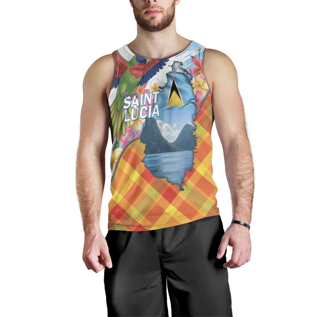 Saint Lucia Independence Day Men Tank Top Saint Lucian Map Pitons Madras Pattern