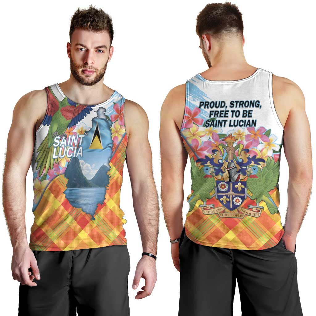 Saint Lucia Independence Day Men Tank Top Saint Lucian Map Pitons Madras Pattern