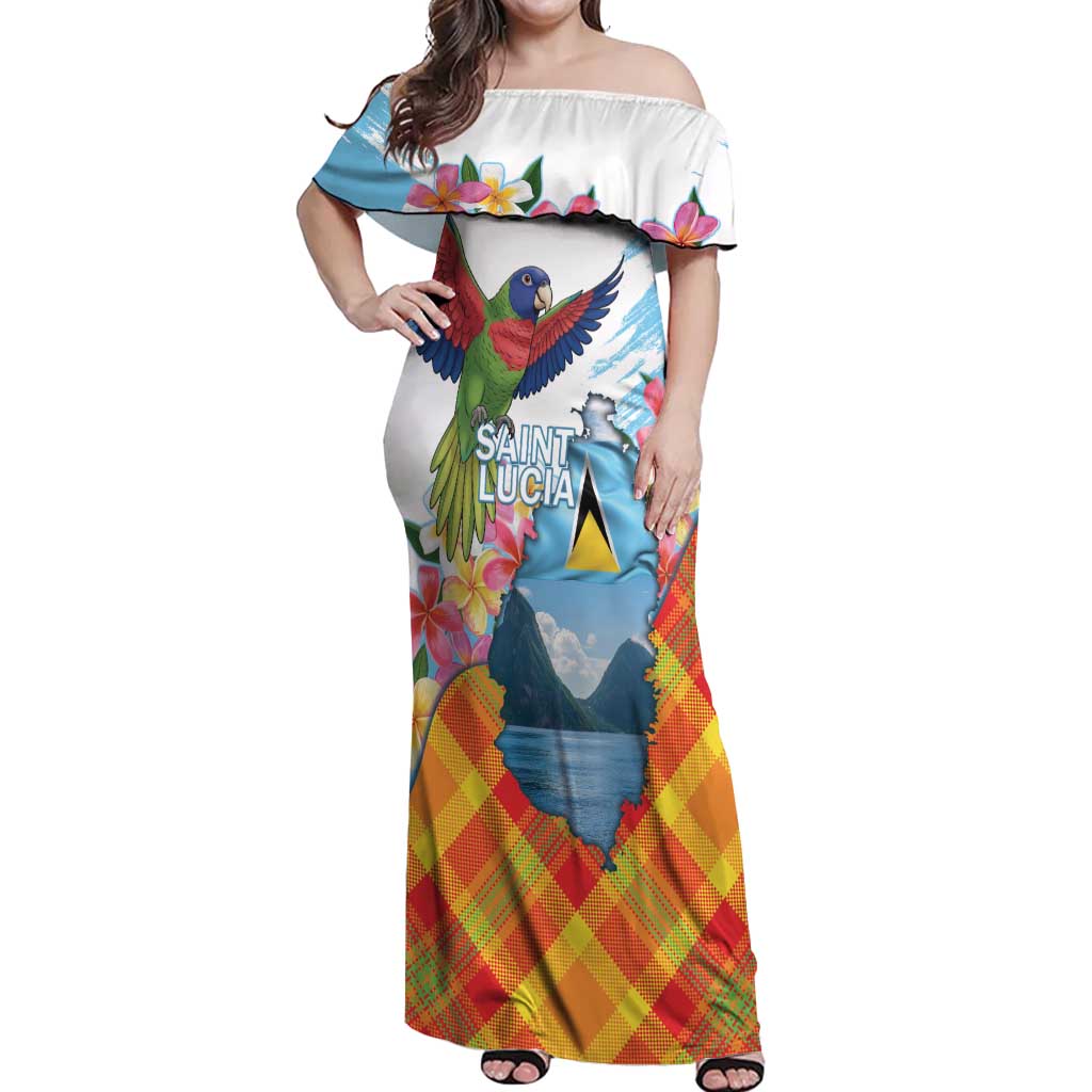 Saint Lucia Independence Day Off Shoulder Maxi Dress Saint Lucian Map Pitons Madras Pattern