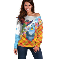 Saint Lucia Independence Day Off Shoulder Sweater Saint Lucian Map Pitons Madras Pattern