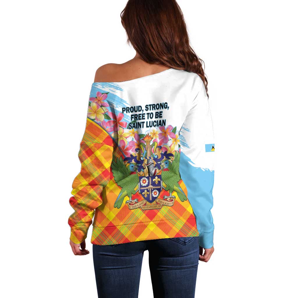 Saint Lucia Independence Day Off Shoulder Sweater Saint Lucian Map Pitons Madras Pattern