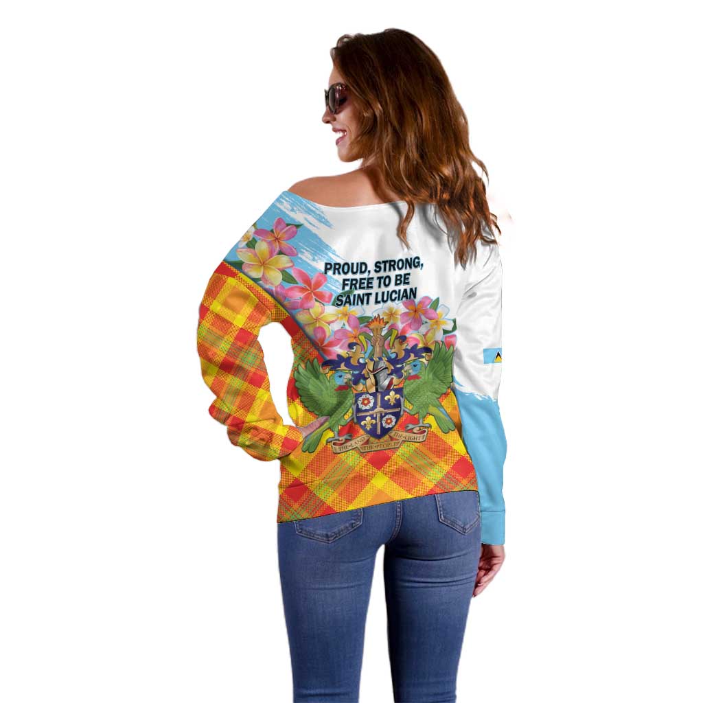 Saint Lucia Independence Day Off Shoulder Sweater Saint Lucian Map Pitons Madras Pattern