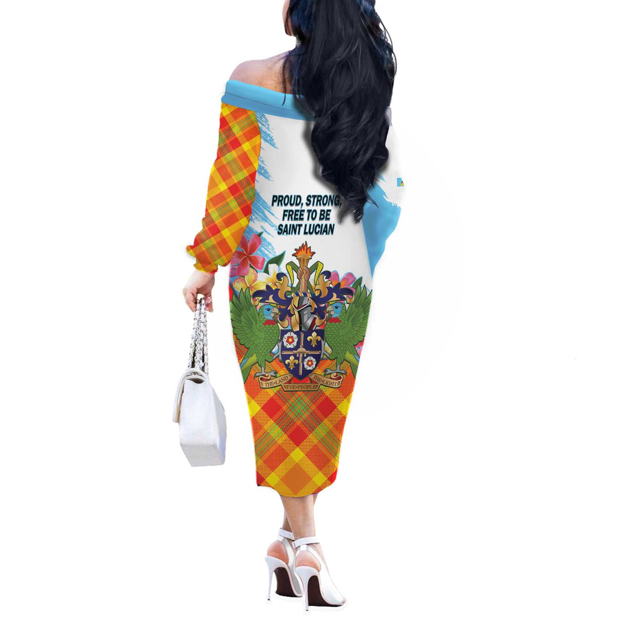 Saint Lucia Independence Day Off The Shoulder Long Sleeve Dress Saint Lucian Map Pitons Madras Pattern