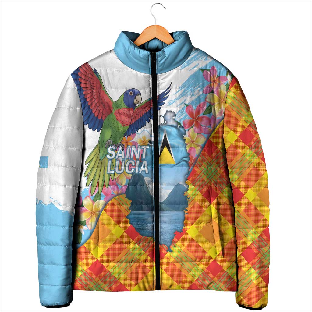 Saint Lucia Independence Day Padded Jacket Saint Lucian Map Pitons Madras Pattern