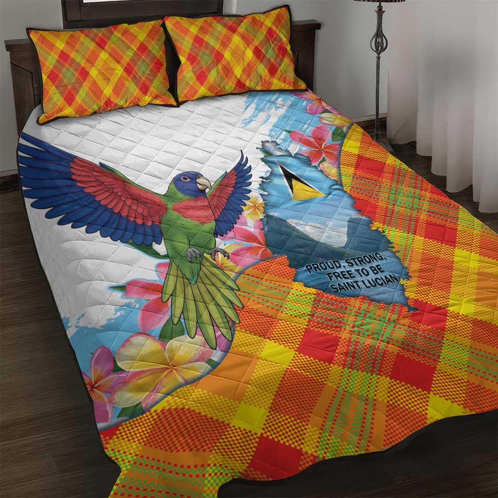 Saint Lucia Independence Day Quilt Bed Set Saint Lucian Map Pitons Madras Pattern