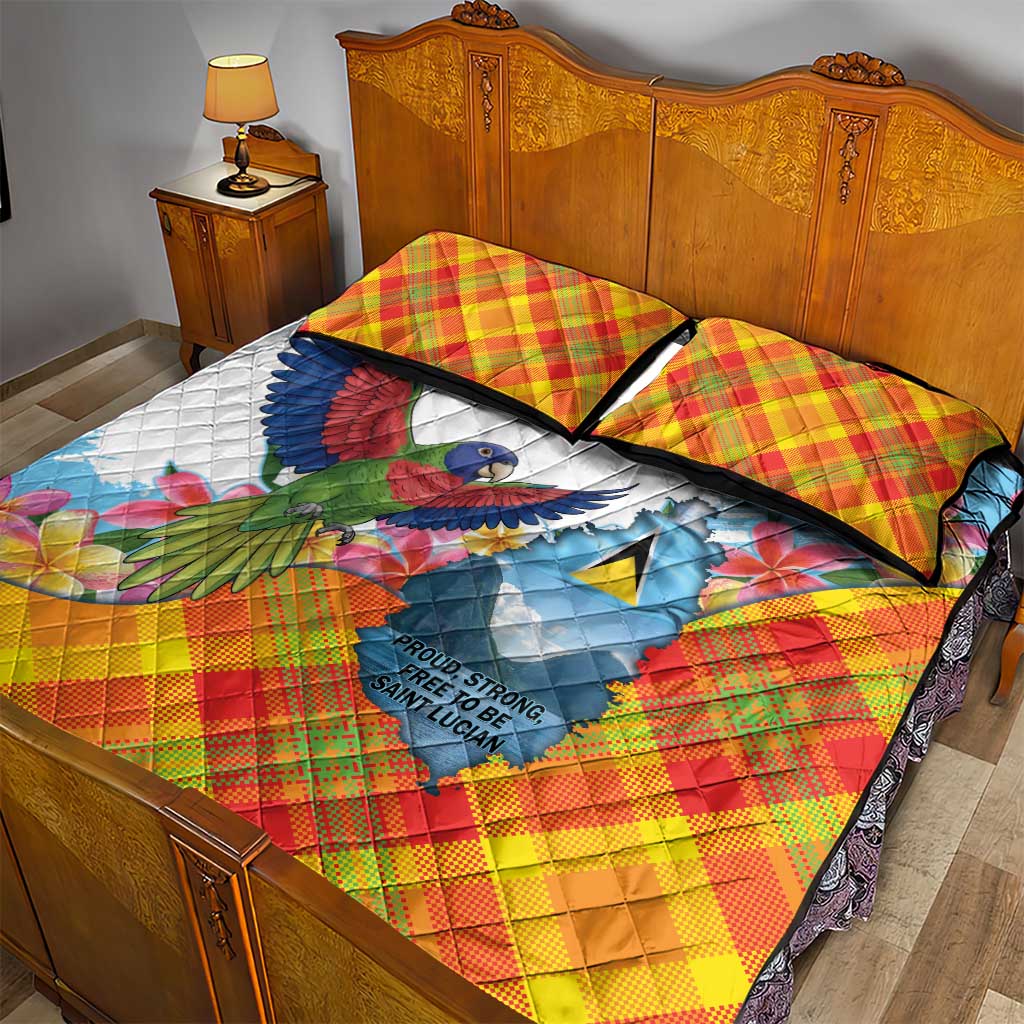 Saint Lucia Independence Day Quilt Bed Set Saint Lucian Map Pitons Madras Pattern