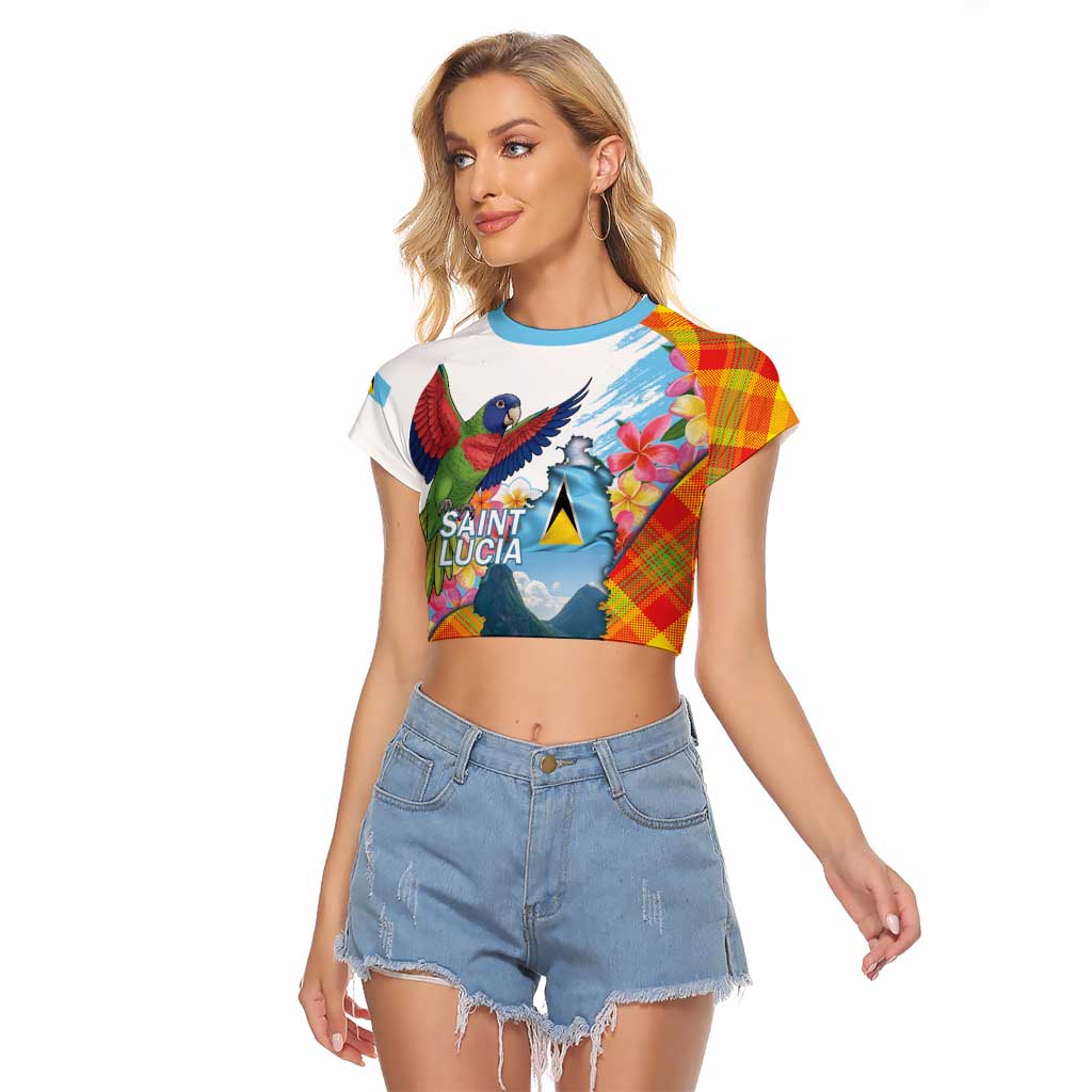 Saint Lucia Independence Day Raglan Cropped T Shirt Saint Lucian Map Pitons Madras Pattern