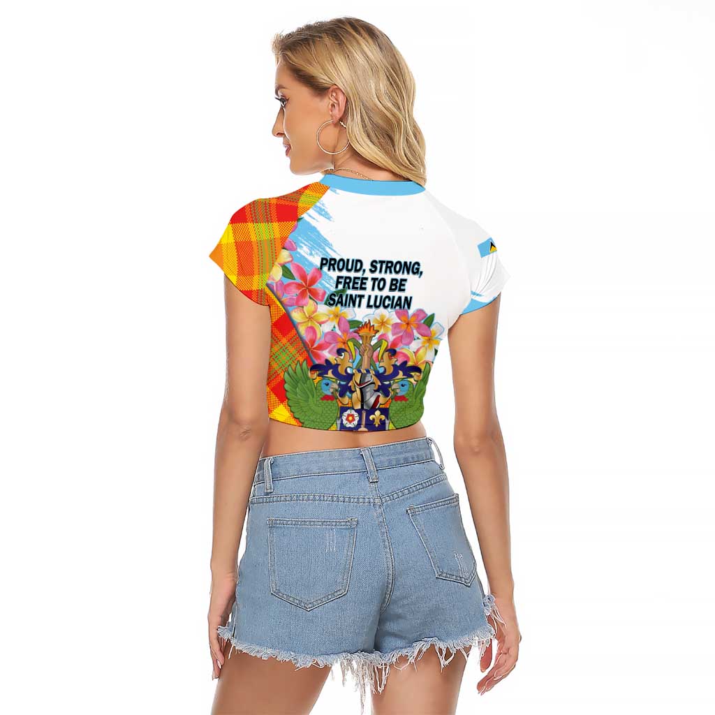 Saint Lucia Independence Day Raglan Cropped T Shirt Saint Lucian Map Pitons Madras Pattern