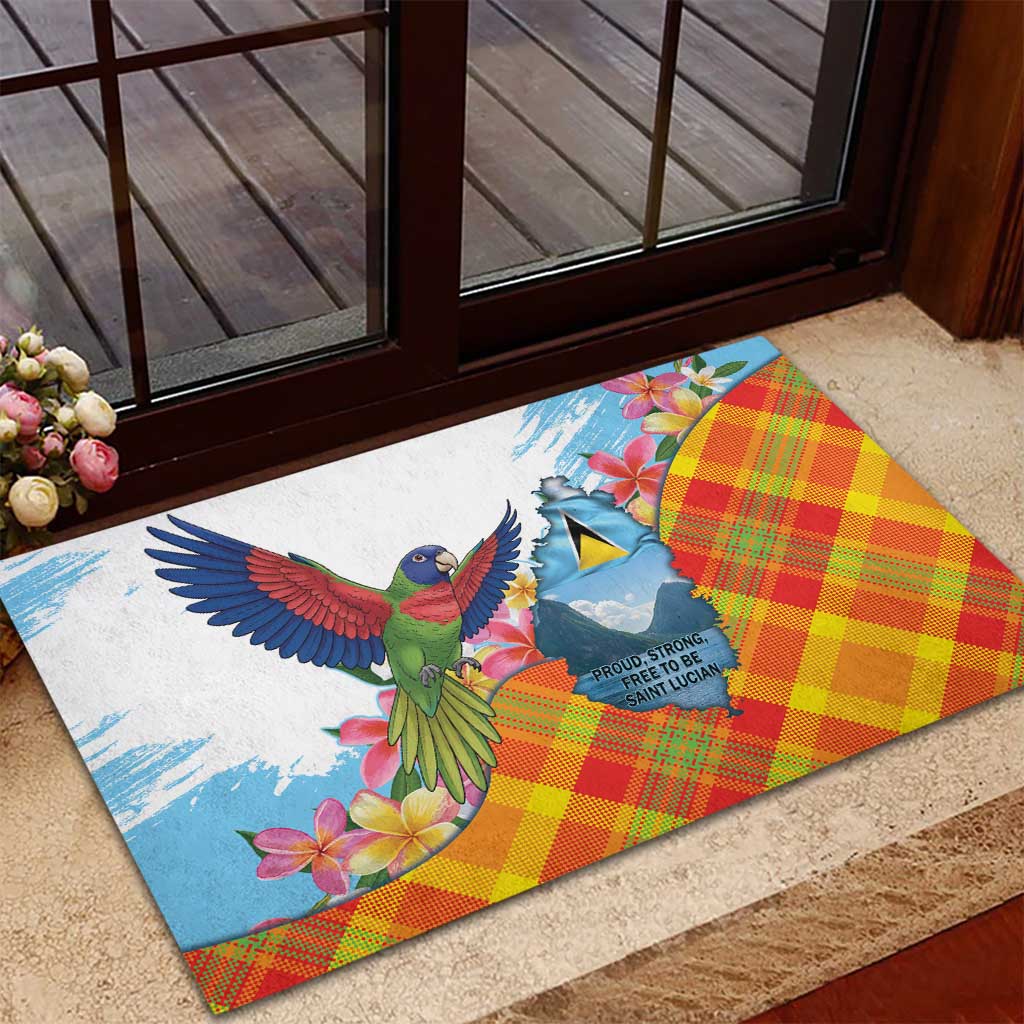 Saint Lucia Independence Day Rubber Doormat Saint Lucian Map Pitons Madras Pattern