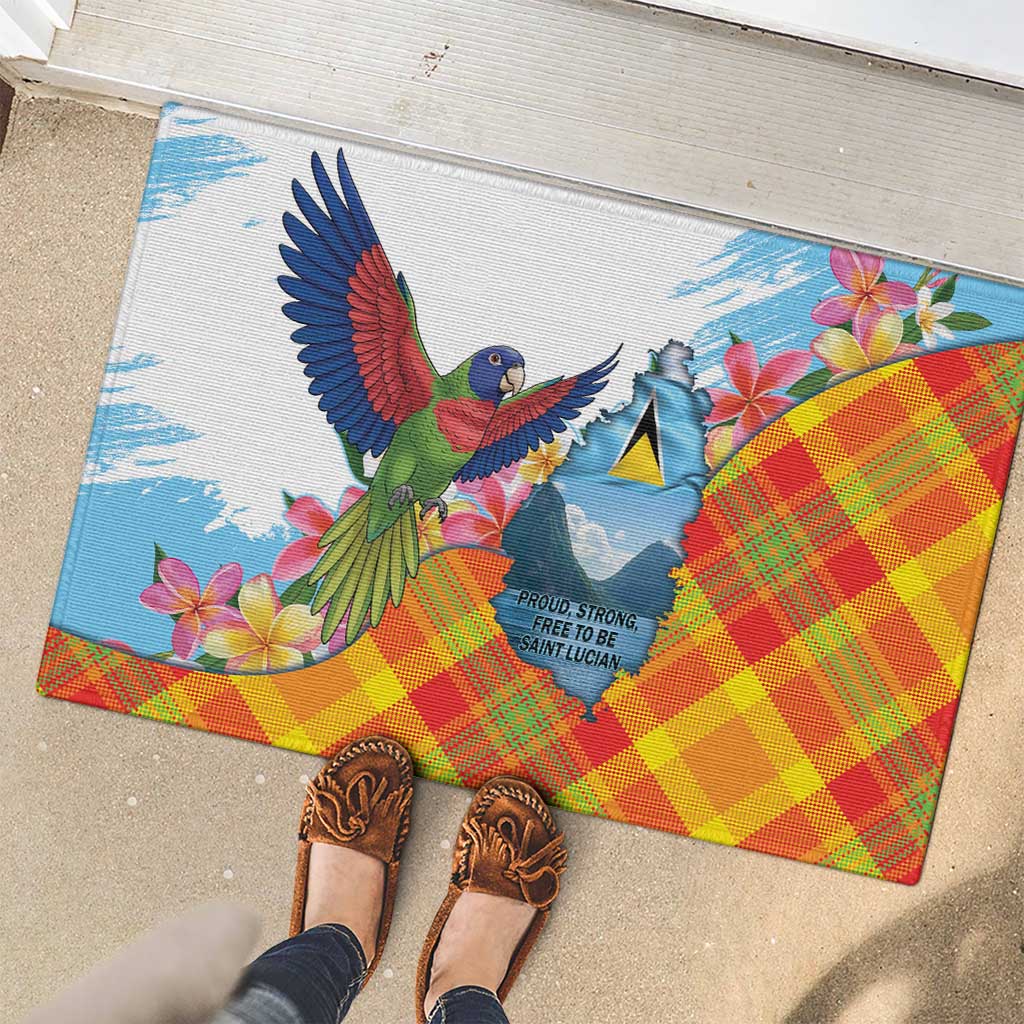 Saint Lucia Independence Day Rubber Doormat Saint Lucian Map Pitons Madras Pattern