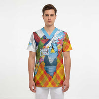 Saint Lucia Independence Day Scrub Top Saint Lucian Map Pitons Madras Pattern