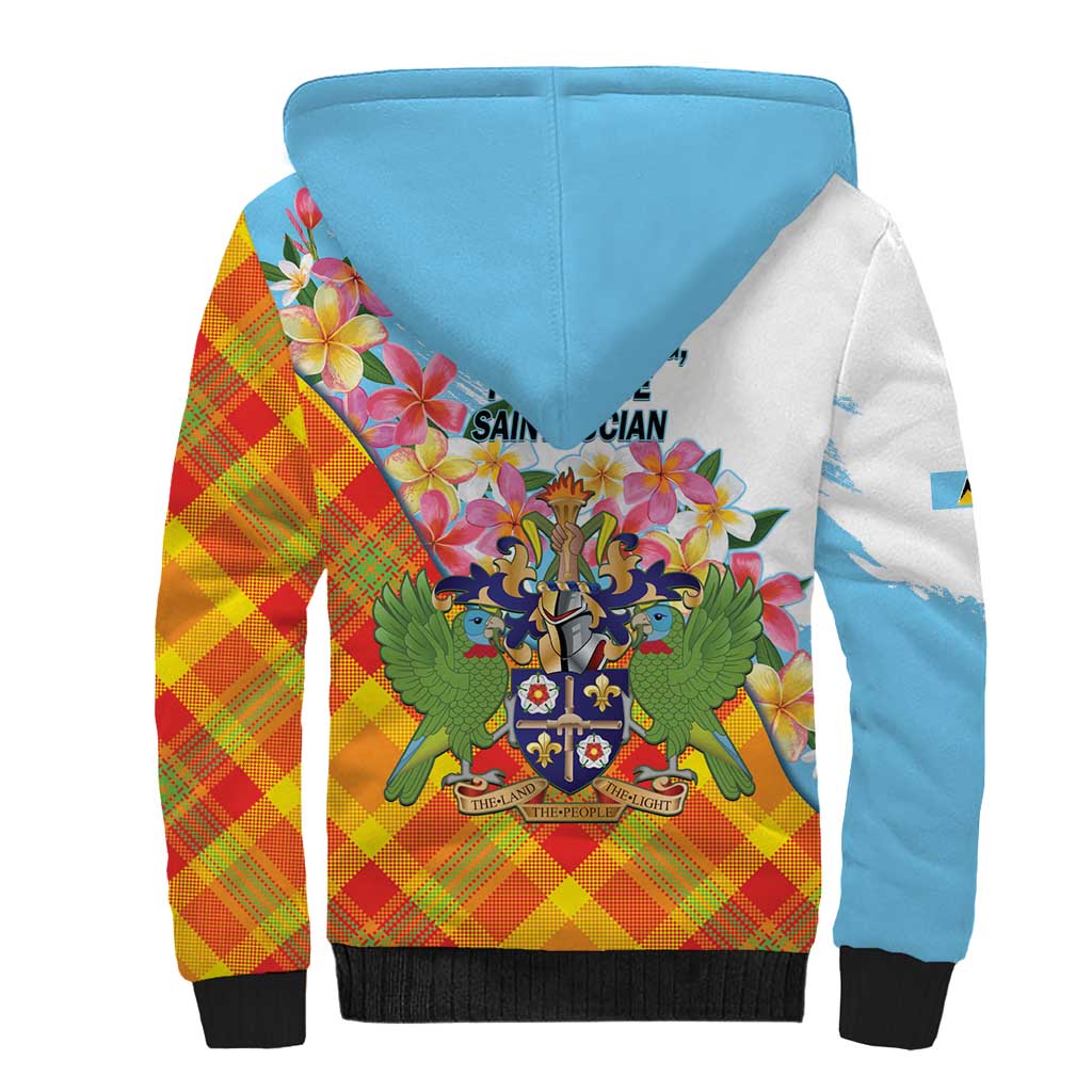 Saint Lucia Independence Day Sherpa Hoodie Saint Lucian Map Pitons Madras Pattern