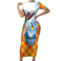 Saint Lucia Independence Day Short Sleeve Bodycon Dress Saint Lucian Map Pitons Madras Pattern