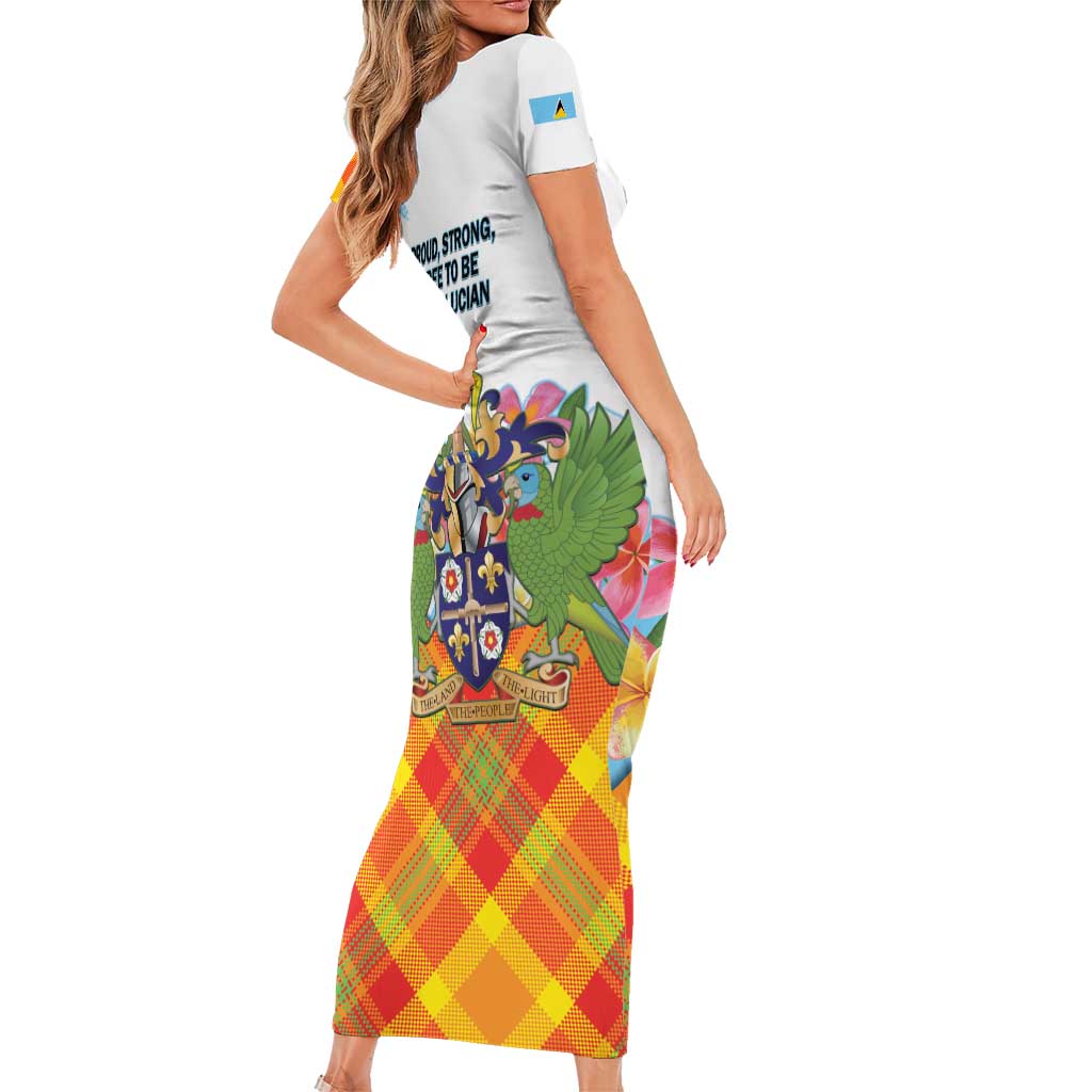 Saint Lucia Independence Day Short Sleeve Bodycon Dress Saint Lucian Map Pitons Madras Pattern