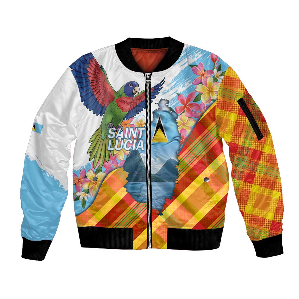 Saint Lucia Independence Day Sleeve Zip Bomber Jacket Saint Lucian Map Pitons Madras Pattern