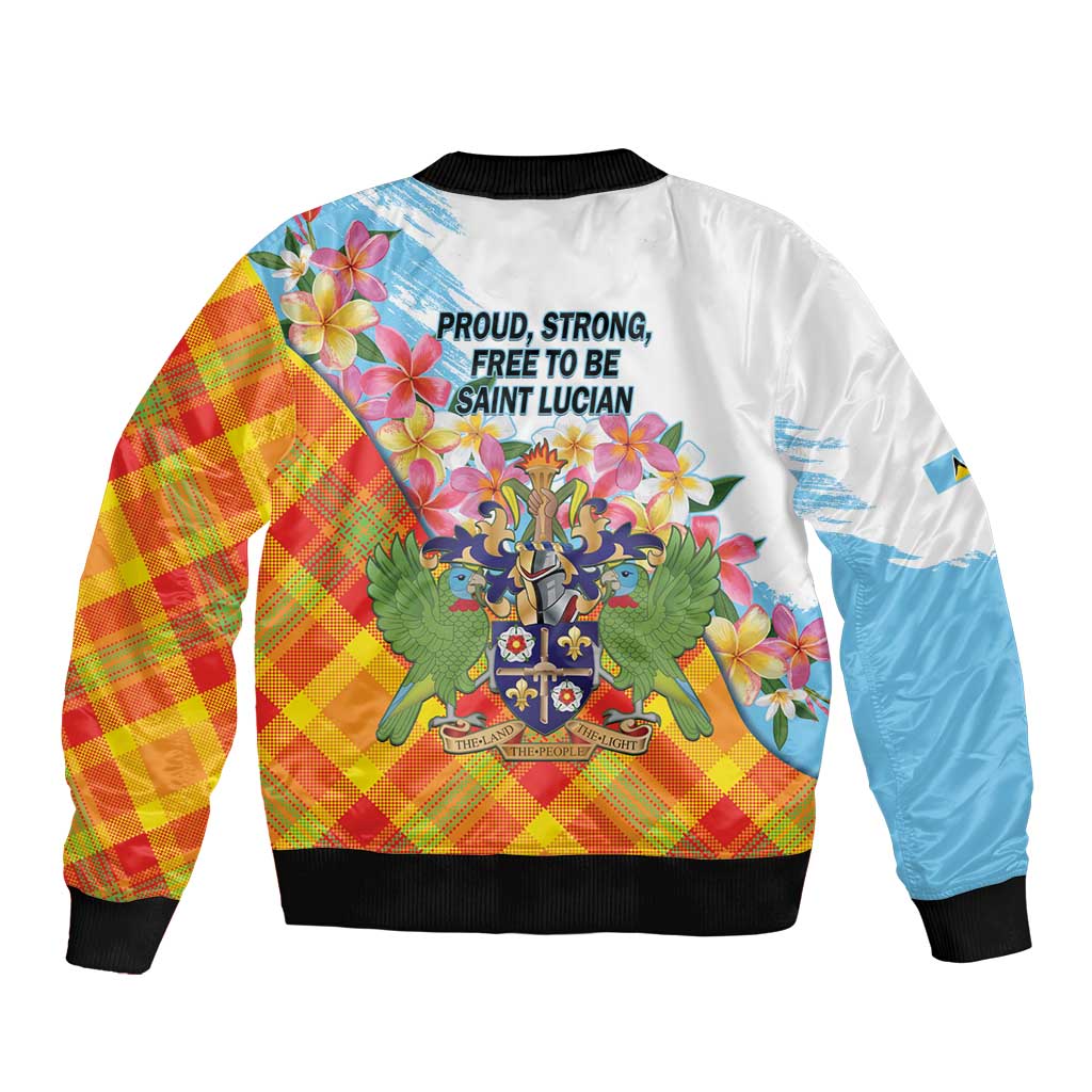 Saint Lucia Independence Day Sleeve Zip Bomber Jacket Saint Lucian Map Pitons Madras Pattern
