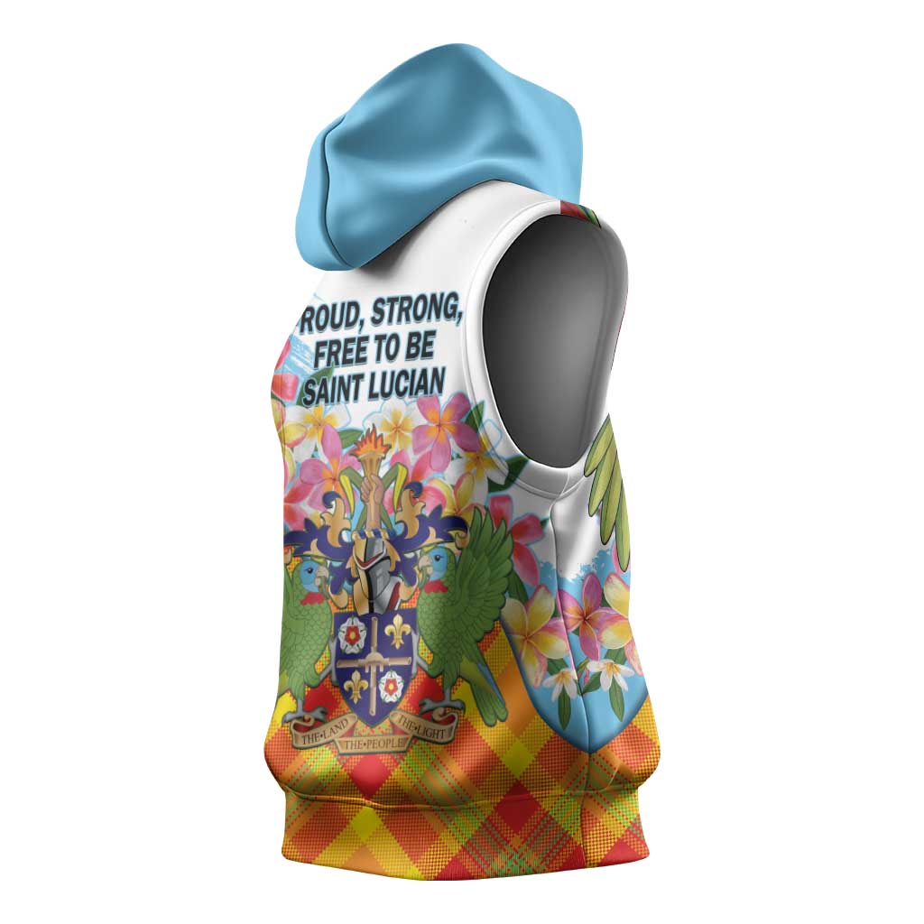 Saint Lucia Independence Day Sleeveless Hoodie Saint Lucian Map Pitons Madras Pattern