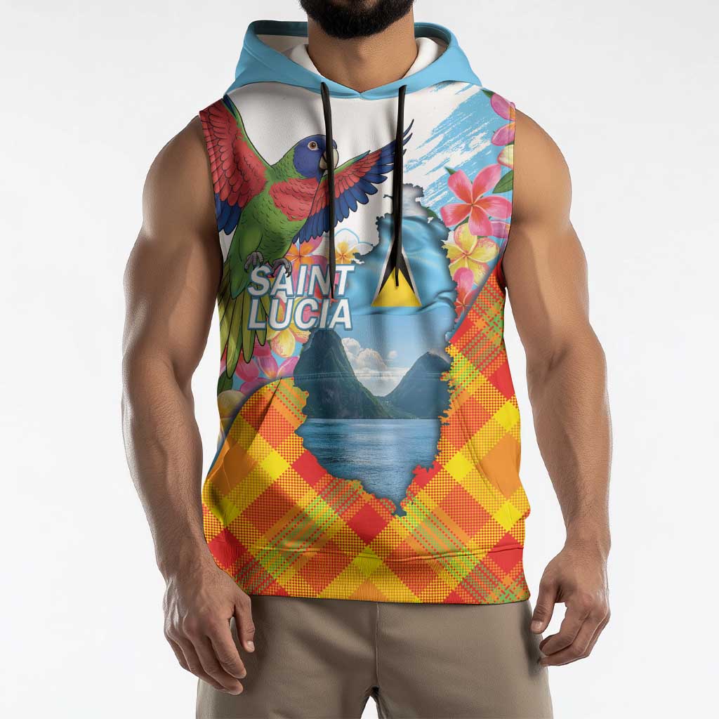 Saint Lucia Independence Day Sleeveless Hoodie Saint Lucian Map Pitons Madras Pattern