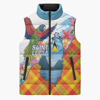Saint Lucia Independence Day Sleeveless Puffer Jacket Saint Lucian Map Pitons Madras Pattern