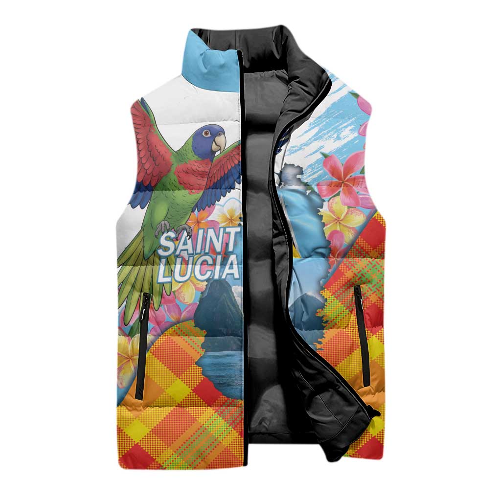 Saint Lucia Independence Day Sleeveless Puffer Jacket Saint Lucian Map Pitons Madras Pattern