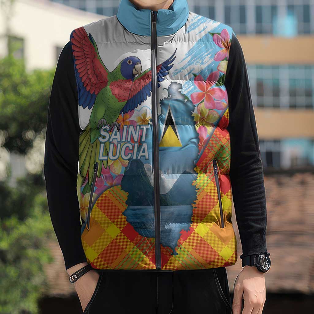 Saint Lucia Independence Day Sleeveless Puffer Jacket Saint Lucian Map Pitons Madras Pattern