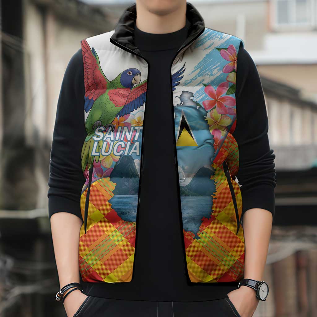 Saint Lucia Independence Day Sleeveless Puffer Jacket Saint Lucian Map Pitons Madras Pattern