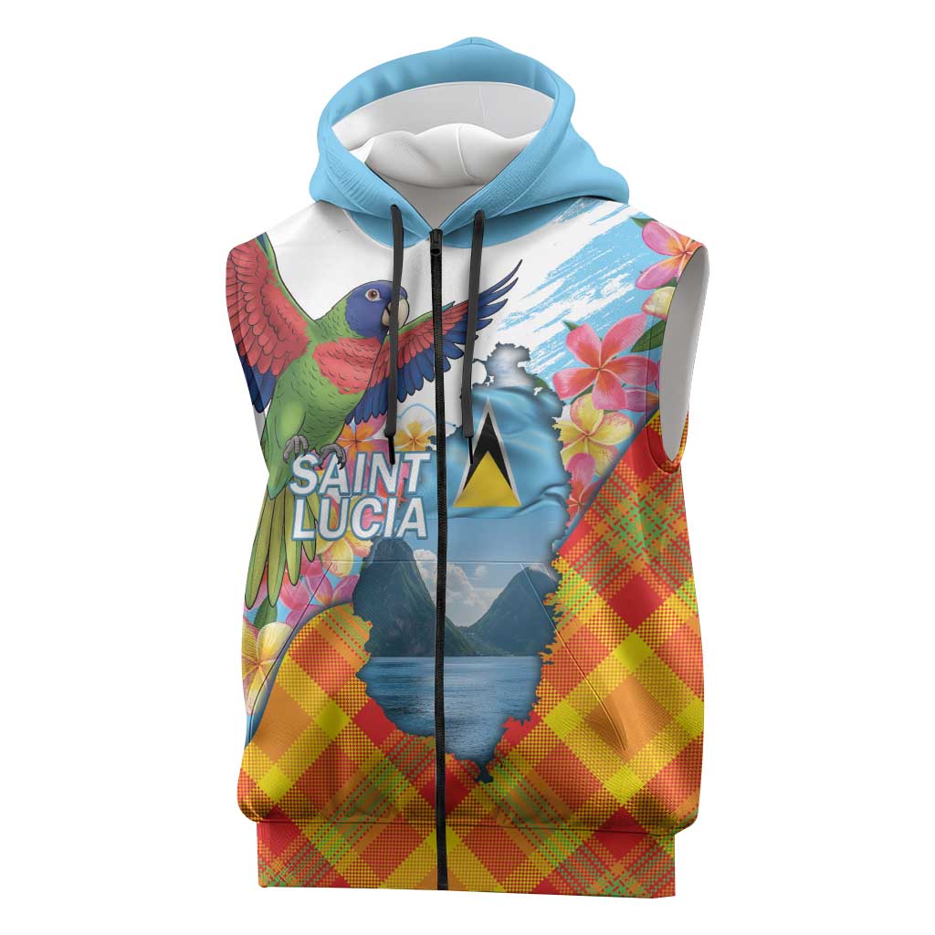 Saint Lucia Independence Day Sleeveless Zip Hoodie Saint Lucian Map Pitons Madras Pattern