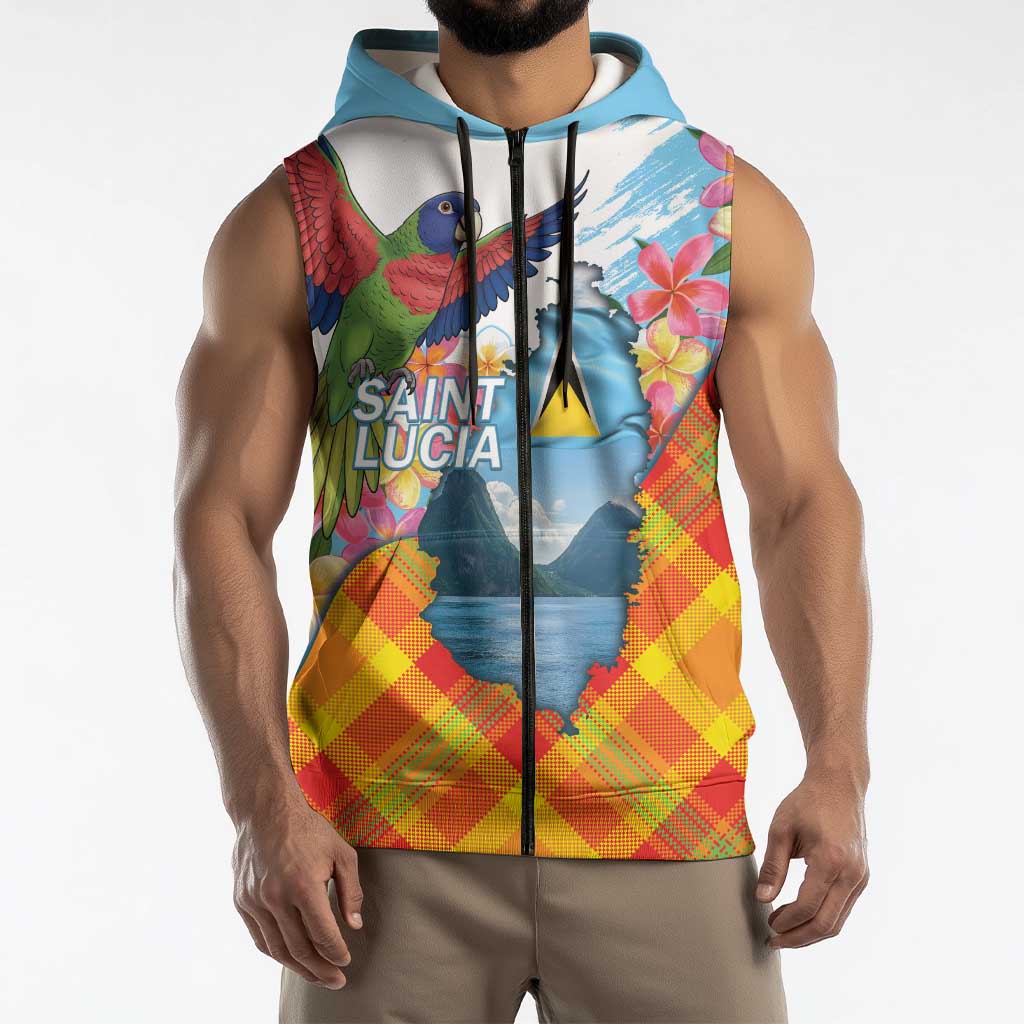 Saint Lucia Independence Day Sleeveless Zip Hoodie Saint Lucian Map Pitons Madras Pattern