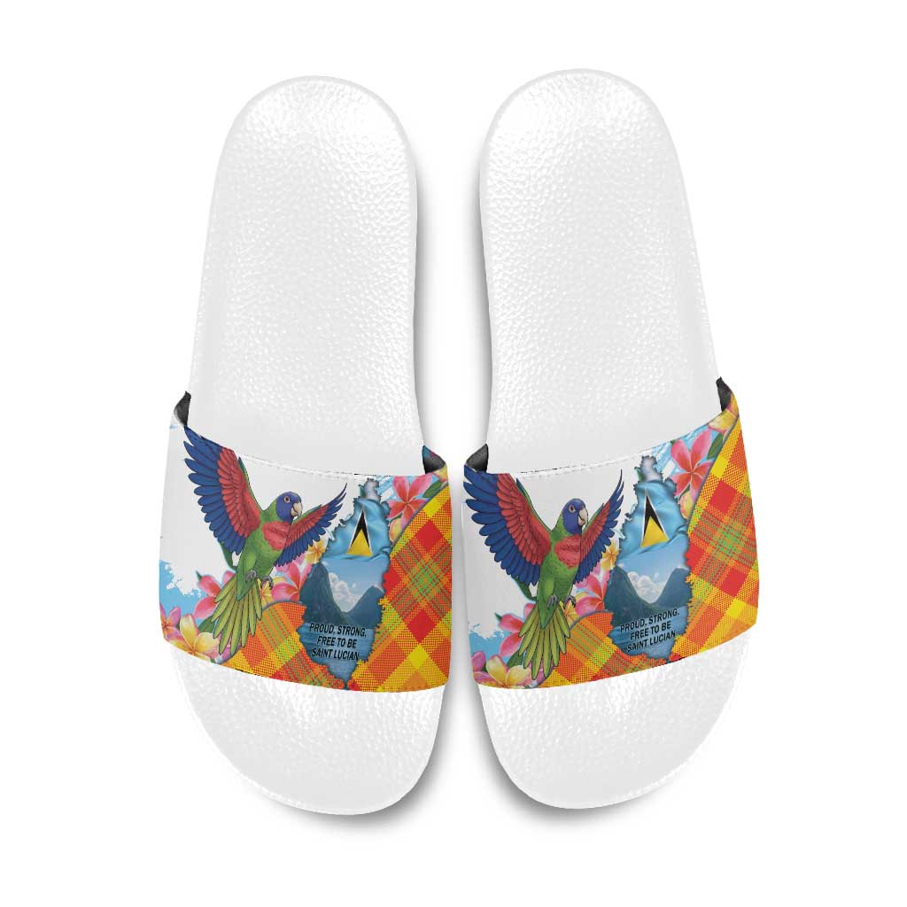 Saint Lucia Independence Day Slide Sandals Saint Lucian Map Pitons Madras Pattern