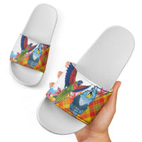 Saint Lucia Independence Day Slide Sandals Saint Lucian Map Pitons Madras Pattern