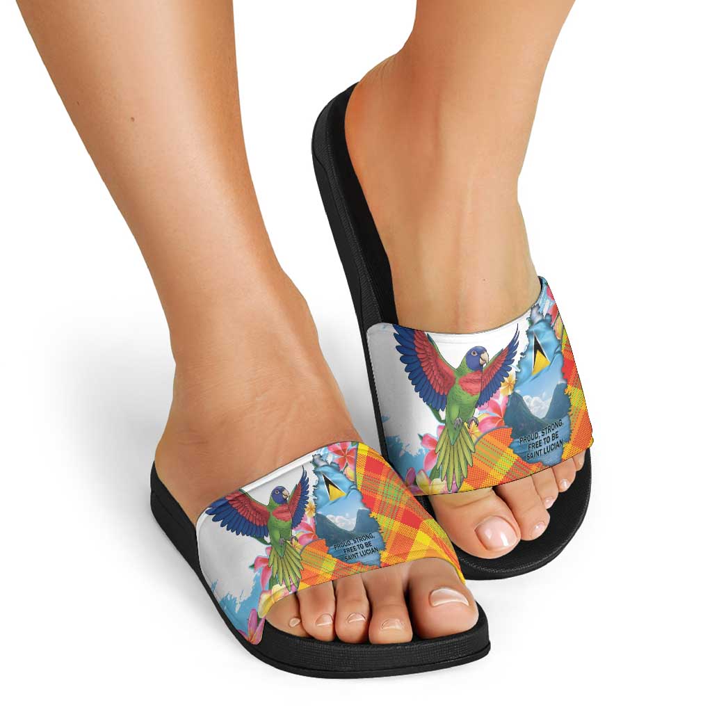 Saint Lucia Independence Day Slide Sandals Saint Lucian Map Pitons Madras Pattern