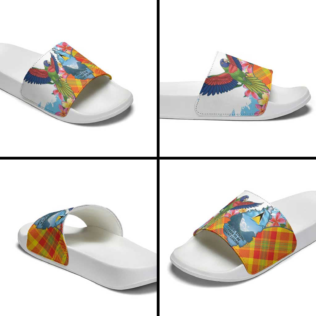 Saint Lucia Independence Day Slide Sandals Saint Lucian Map Pitons Madras Pattern