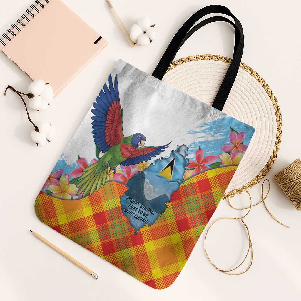 Saint Lucia Independence Day Tote Bag Saint Lucian Map Pitons Madras Pattern