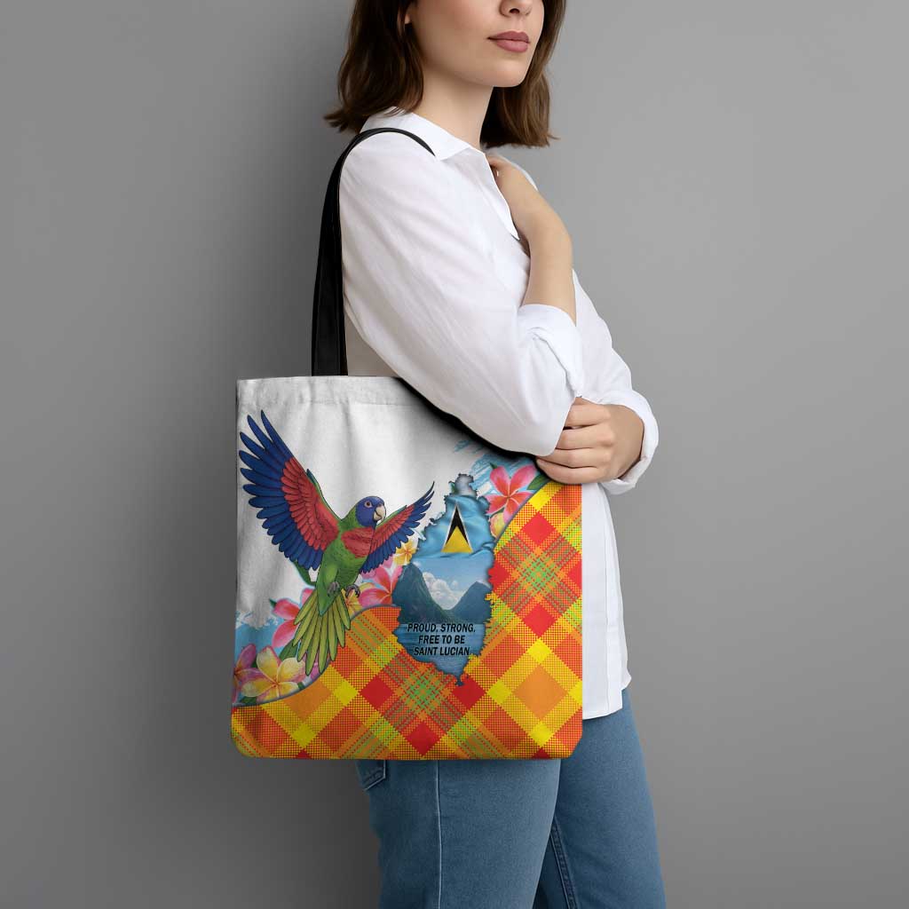 Saint Lucia Independence Day Tote Bag Saint Lucian Map Pitons Madras Pattern