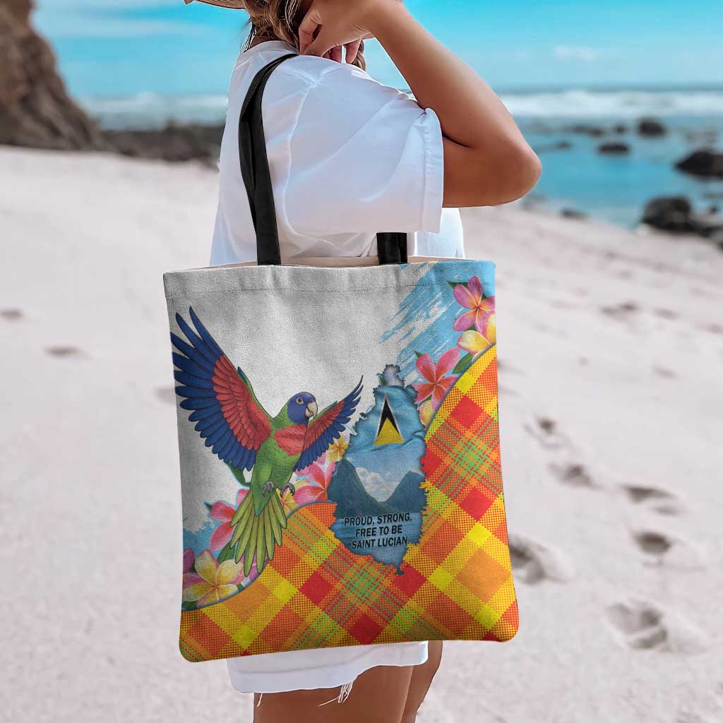 Saint Lucia Independence Day Tote Bag Saint Lucian Map Pitons Madras Pattern