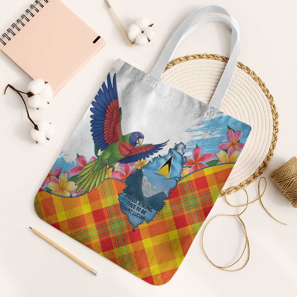 Saint Lucia Independence Day Tote Bag Saint Lucian Map Pitons Madras Pattern